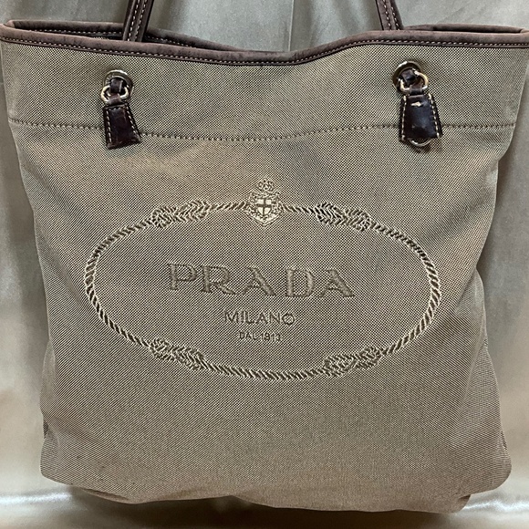 Prada canvas logo hand bag. Two leather straps.   90-H7Aa - Picture 1 of 10